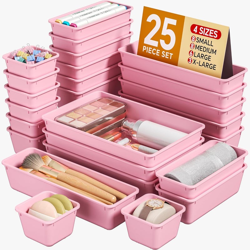 KEMETHY 25 PCS Plastic Drawer Organizers Set, 4 Sizes Vanity Organizer, Makeup and Desk Drawer Organizer Trays, Organization and Storage for Makeup, Bathroom, Kitchen Utensils and Office (Pink) - Image 1